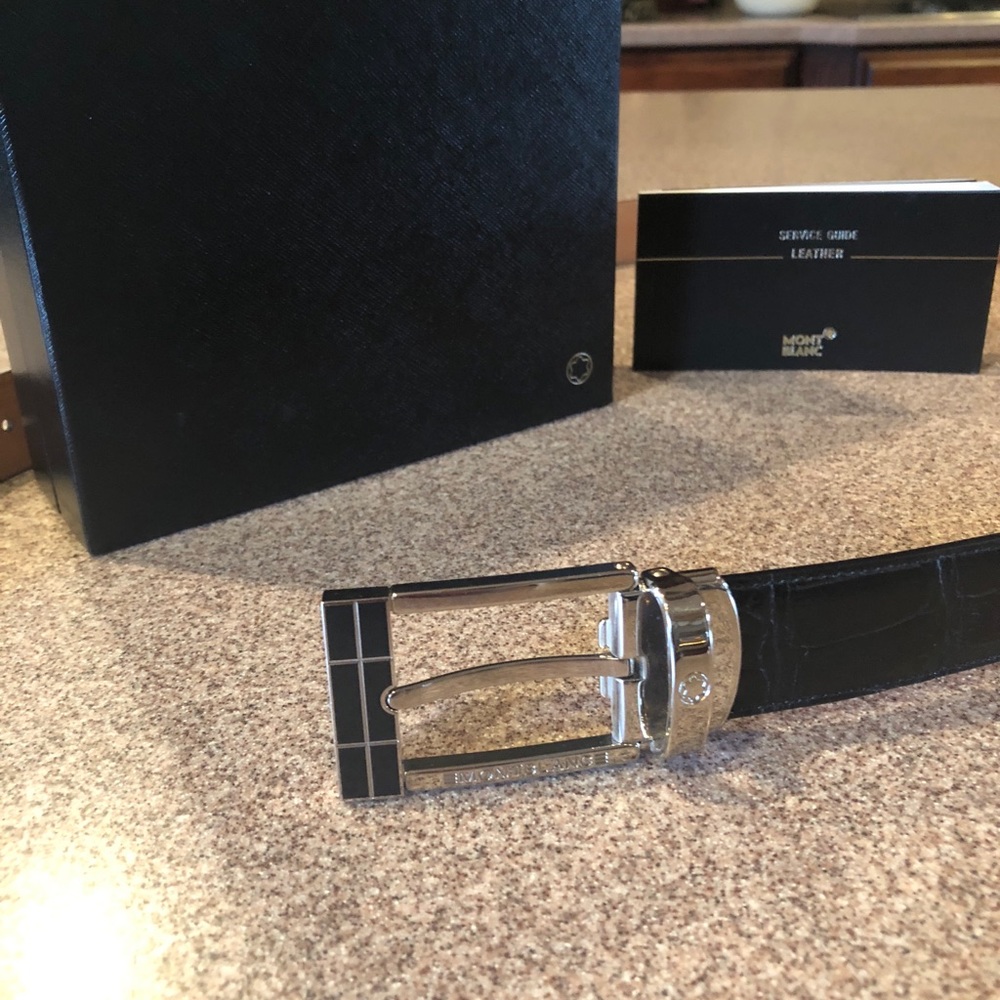 Montblanc black leather belt- silver buckle